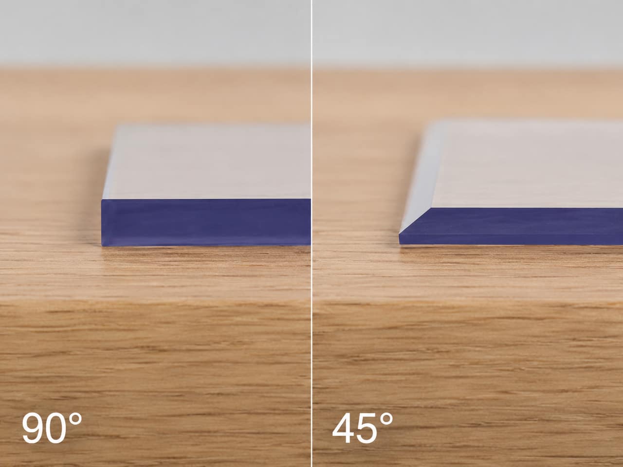 Close-up profile of straight 90° and bevelled 45° edges